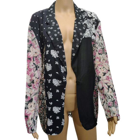 90s Patchwork Floral Striped Light Weight Box Cut Blazer Fold Down Collar Sz Sm - Picture 2 of 7